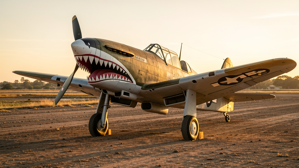 P-40 Warhawk with shark teeth nose art on a dirt airstrip at golden hour