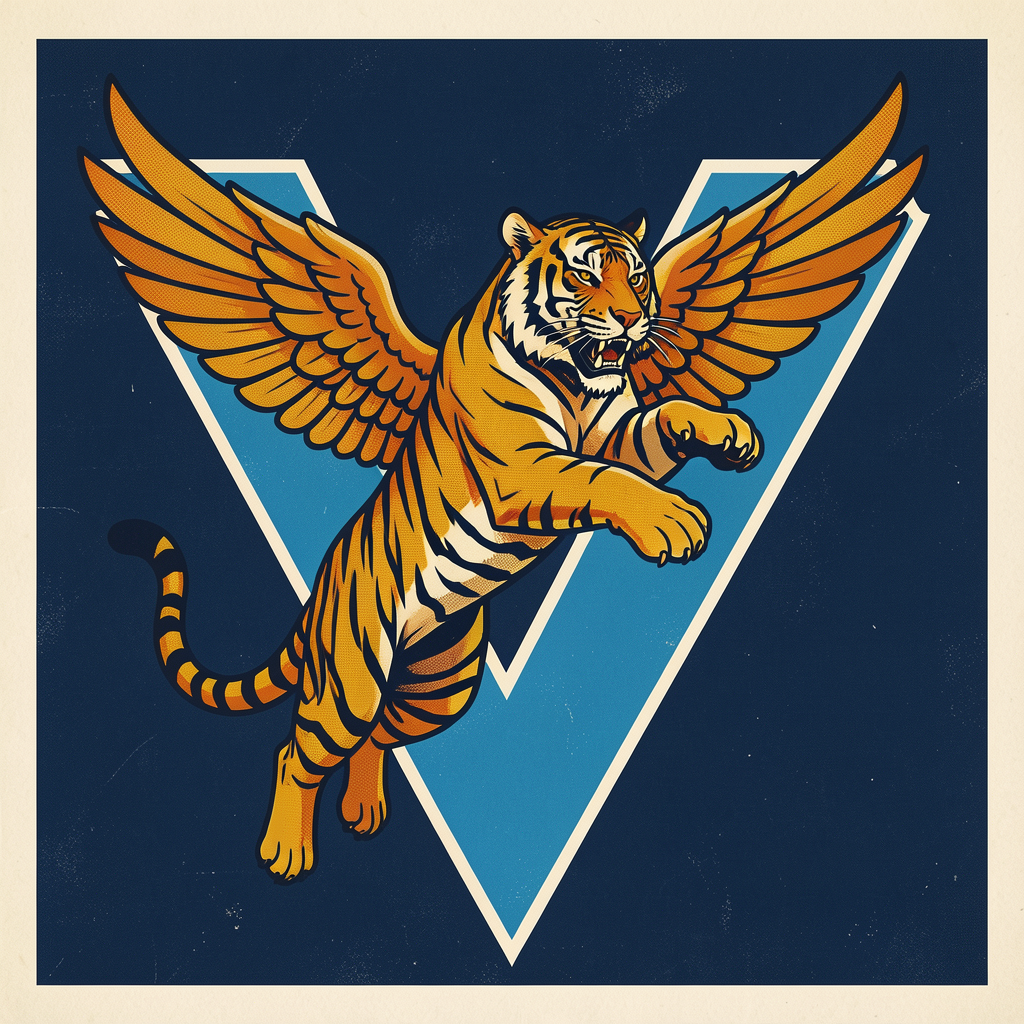 Winged tiger leaping through a V for Victory, 1940s poster style