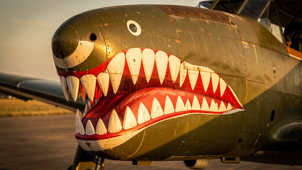 Close-up of P-40 Warhawk shark mouth nose art with white teeth and red interior
